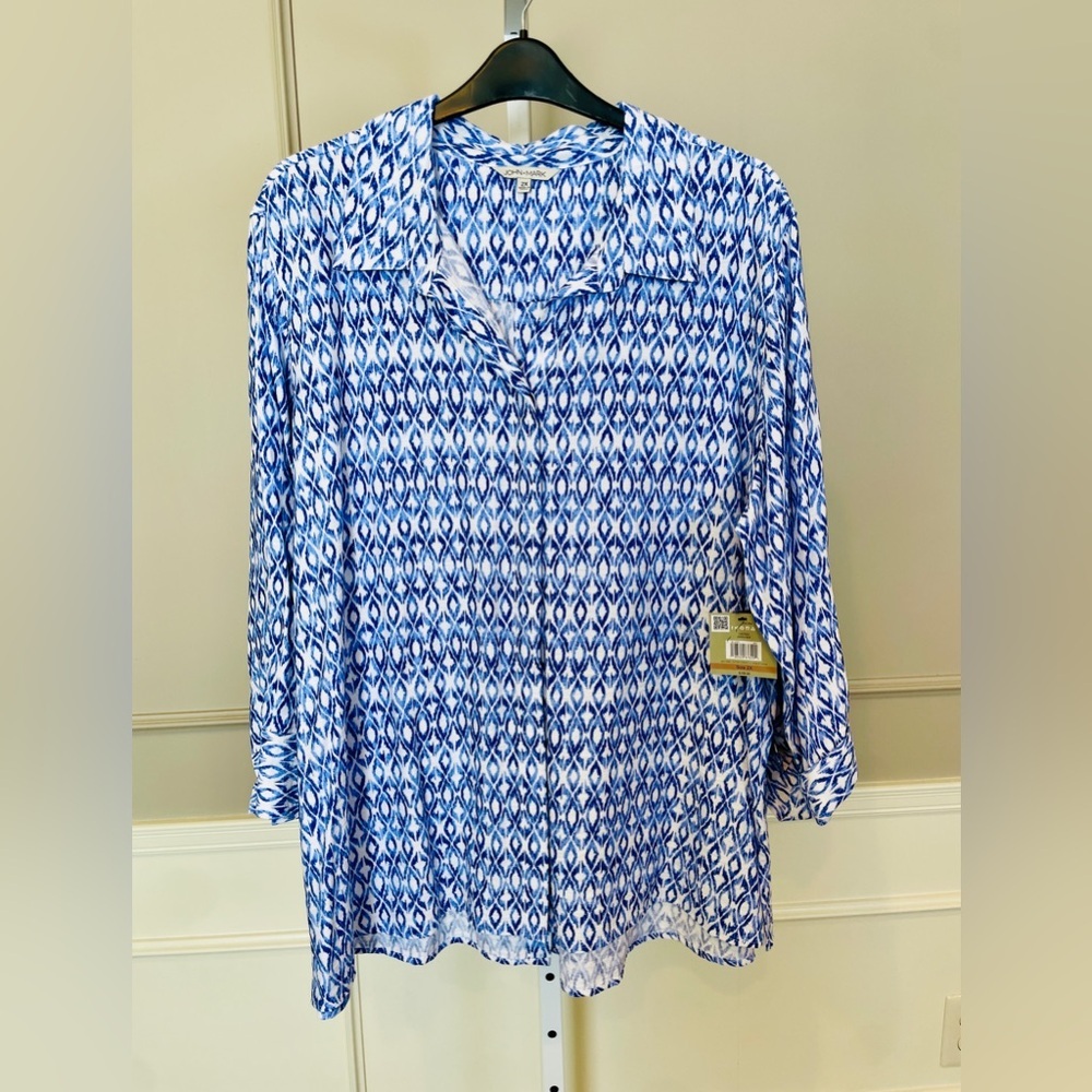John Mark NWT 2XL Button Down Blouse Shirt Ikat Blue White Diamond Del Mar $109